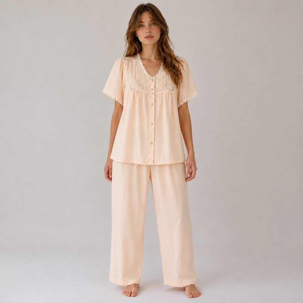 Vintage Vanity Fair Pink Lace Pajama Set M Floral Embroidered Victorian Style -